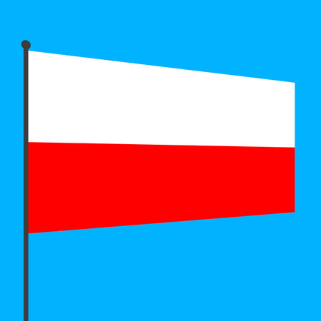 Flag of Poland on a flagpole on a blue background. countries of the world.の写真素材