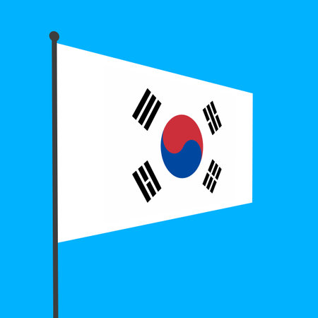 Flag of South Korea on a flagpole on a blue background. countries of the world.の写真素材