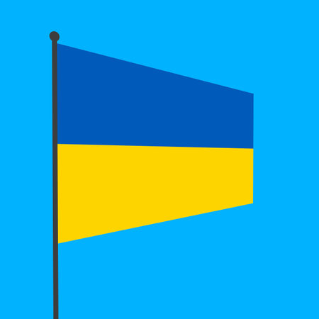 Flag of Ukraine on a flagpole on a blue background. countries of the world.の写真素材