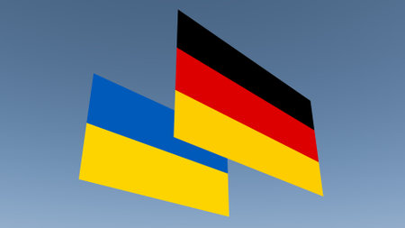 Flags of Germany and Ukraine on a gray-blue background. 3d rendering.の写真素材