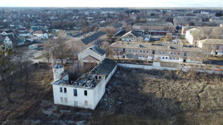 Destroyed roof of a building in a Ukrainian city.の写真素材