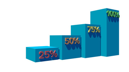Blue columns with numbers and percentages. economy growth chart. business project. sales report. 3D rendering.の写真素材