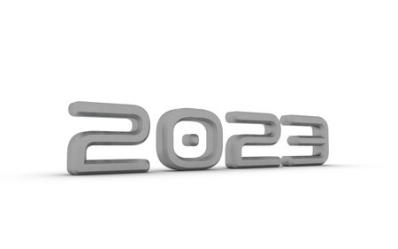 Gray metallic 3d number 2023 on a white background. New Year Christmas.の写真素材