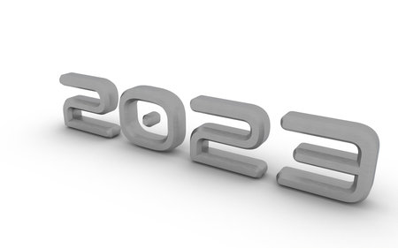 Gray metallic 3d number 2023 on a white background. New Year Christmas.の写真素材