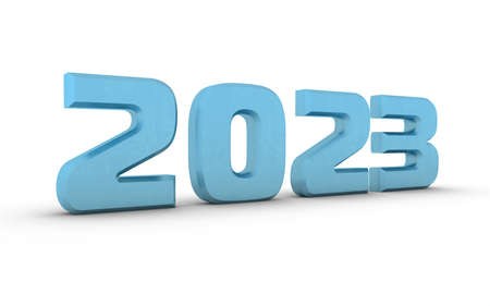 Blue metallic 3d number 2023 on a white background with a shadow at the bottom. New Year Christmas.の写真素材