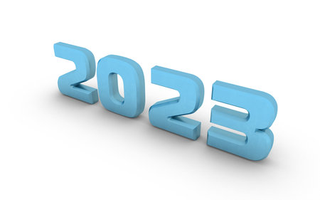 Blue metallic 3d number 2023 on a white background with a shadow at the bottom. New Year Christmas.の写真素材