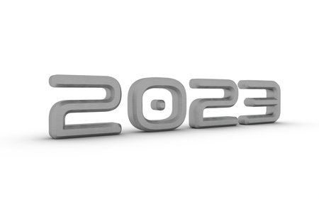 Gray metallic 3d number 2023 on a white background. New Year Christmas.の写真素材
