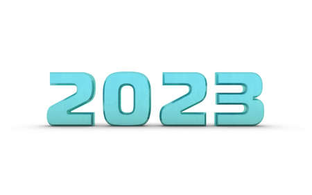 Blue metallic 3d number 2023 on a white background with a shadow at the bottom. New Year Christmas.の写真素材