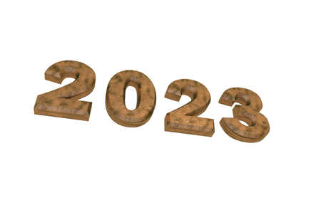 Brown metallic 3d number 2023 on a white background. New Year Christmas.の写真素材