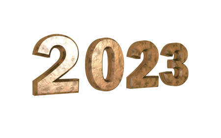 Brown metallic 3d number 2023 on a white background. New Year Christmas.の写真素材
