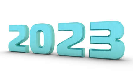 Blue metallic 3d number 2023 on a white background with a shadow at the bottom. New Year Christmas.の写真素材