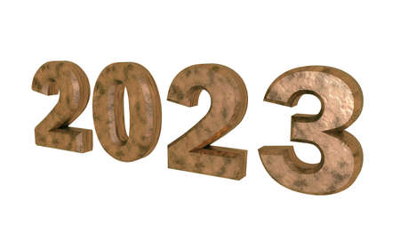 Brown metallic 3d number 2023 on a white background. New Year Christmas.の写真素材