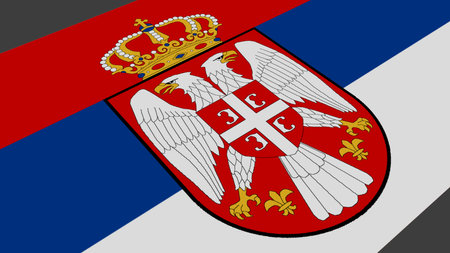Flag of Serbia close-up on a gray background. 3d rendering illustration.の写真素材