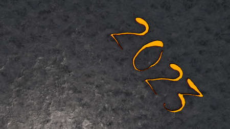 Golden volumetric numbers 2023 on a gray textured background. New next year. 3d render image.