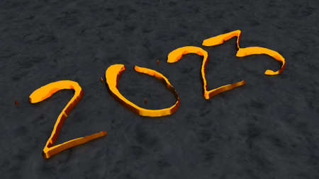 Golden volumetric numbers 2023 on a gray textured background. New next year. 3d render image.の写真素材