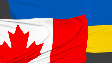 Flag of Canada and Ukraine on a black background. Friendship of Peoples. rendering simulation.の写真素材
