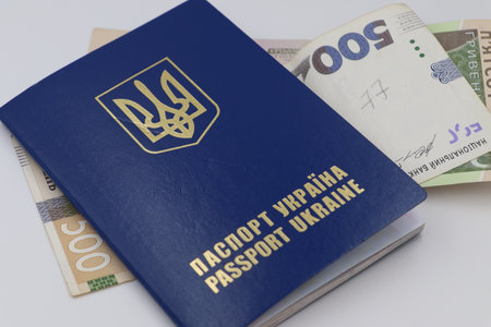Ukrainian money and passport. economics and citizenship.の写真素材