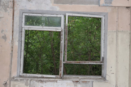 Old broken wooden window in an abandoned building.の写真素材