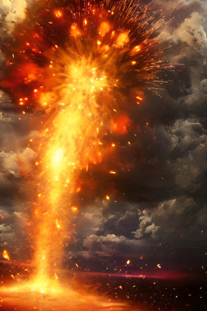 3d spherical explosion with sparks, smoke and fireの写真素材