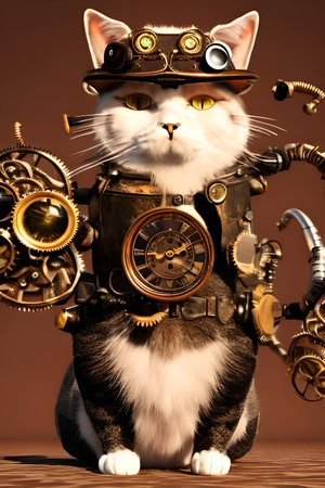 steampunk cat. Making postcards. AI illustration.の写真素材