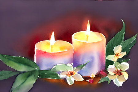 Burning beautiful candle. Relax. Making postcards. AI illustration.の写真素材