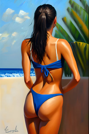 Illustration of a girl in a bathing suit. Recreation and relaxation in summer. AI simulation.の写真素材