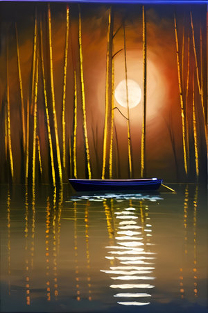 Boat on the lake at night under the moon. AI simulation.の素材