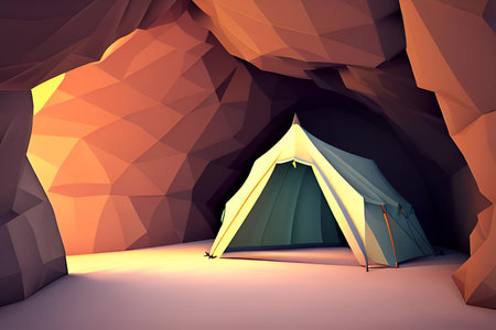 Tent in a cave. Camping and tourism. low poly image. AI generative.の素材