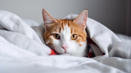 Red-white cat lying on bed under blanket. AI generative.の素材
