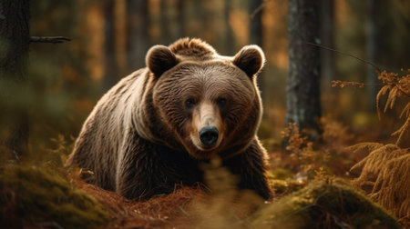 Brown bear in the ancient wild forest. AI generative.の素材