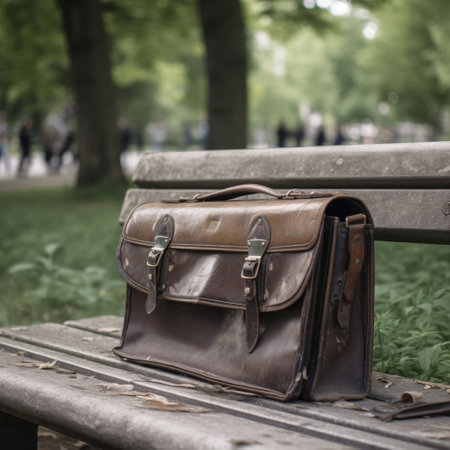 An old leather briefcase on a park bench. AI generative.の素材