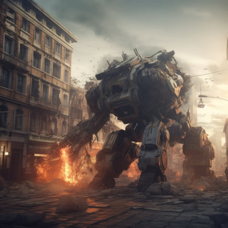 A huge robot is destroying the old city. AI generative.の素材