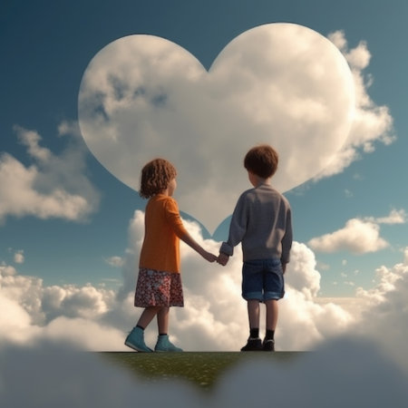 A girl and a boy hold hands against the background of the sky with clouds. Illustration. AI generative.の素材