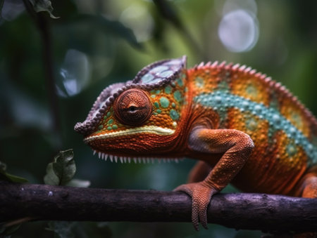 Chameleon on a tree branch close-up. AI generative.の素材