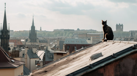 A cat on the roof of a high-rise building against the backdrop of an old European city. AI generative.の素材
