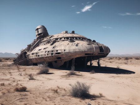 A huge alien ship crashed in the desert. AI generative.の素材
