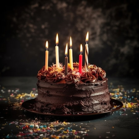 Festive cake with candles. birthday. AI generative.の素材