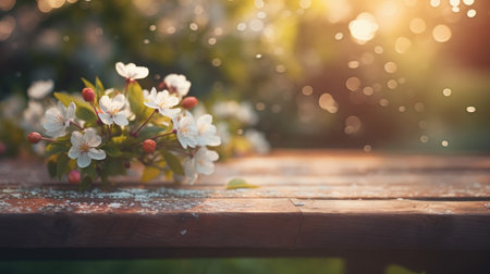 Flowers on a wooden table in a green garden with defocused bokeh lights. AI generative.の素材
