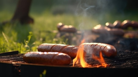 Grilled meat sausages on the grill in nature. AI generative.の素材