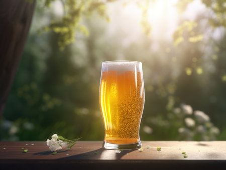A glass of beer on the table against the backdrop of spring nature. AI generative.の素材