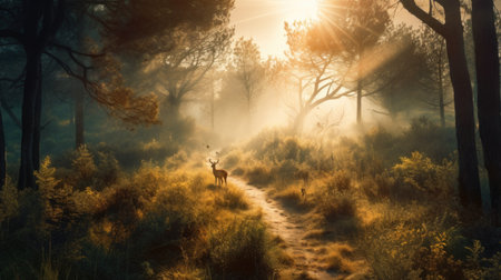 The sun breaks through the trees and wild animals are visible in the background. AI generative.の素材