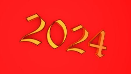 Yellow and golden volumetric numbers 2024 on a red background. New Year theme. Rendering an image.の写真素材