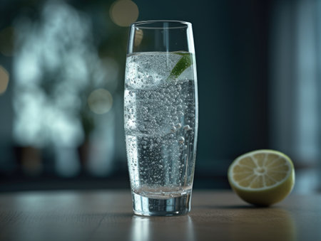 A long glass of pure sparkling water. AI generative.の素材