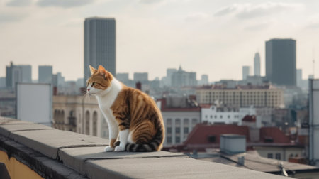 A cat on the roof of a high-rise building against the backdrop of an old European city. AI generative.の素材