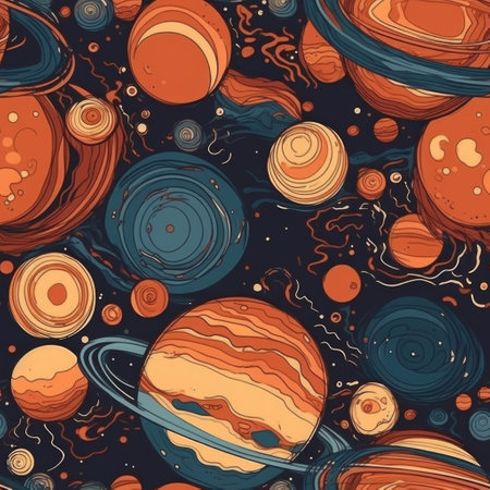 Repeating space-themed texture in the form of planets and comets. AI generative.の素材