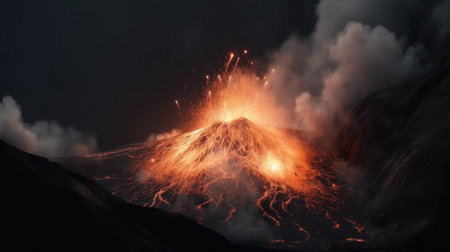 Volcanic eruption from the air. Lava flows, smoke and sparks. Photorealistic. AI generative.の素材