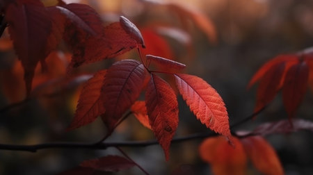 Red leaves of trees close-up. autumn in the forest. AI generative.の素材