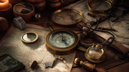 Old compass, old paper magnifier, some gold coins. You will hide the subject of the search. AI generative.の素材