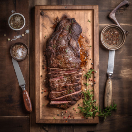 a large fried piece of meat on a wooden tray. Steak. AI generative.の素材