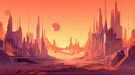 Illustration of a futuristic city on another planet. AI generative.の素材